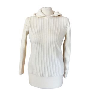 Vintage Lauren Ralph Lauren Petite S Cream Ribbed Wool Blend Knit Hoodie Sweater